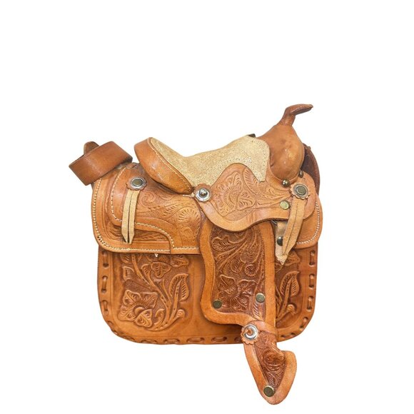 Handcrafted Western Saddle Shoulder Purse w/ Tooled Leather Floral Design - Picture 4 of 11